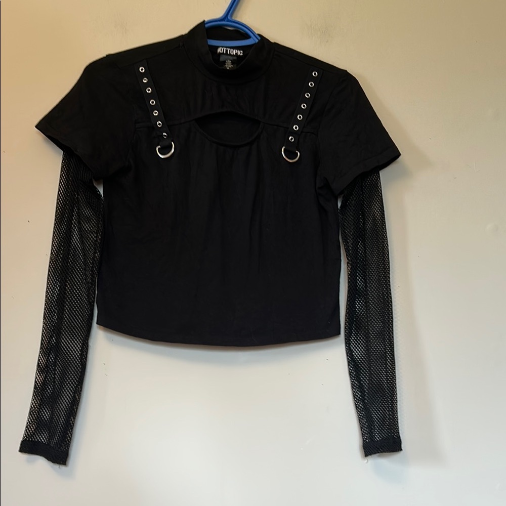 Hot Topic black top cut out chest stand up collar metal trim mesh sleeve size XS
